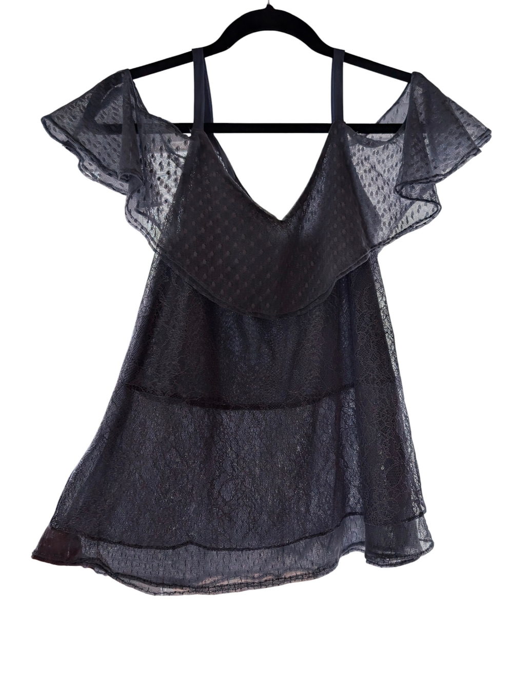 White House Black Market Black Sheer Ruffle-Trim Top